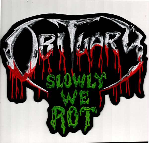 Obituary - Weiss Rotes Logo Slowly we Rot Rückenaufnäher