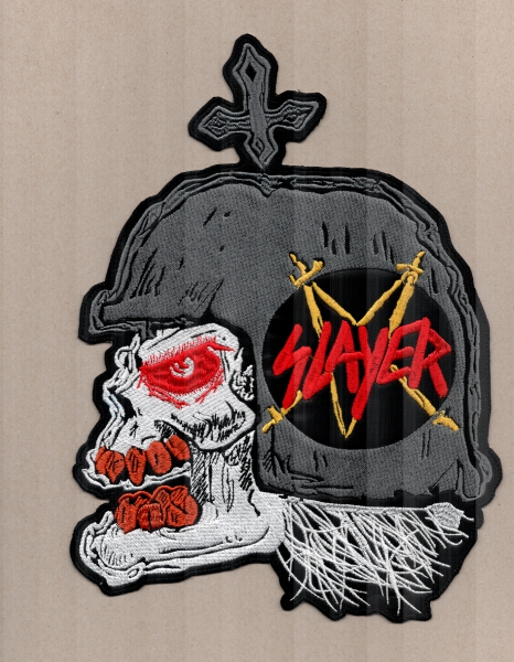 Slayer - Helm und Schädel Rotes Logo Rückenaufnäher